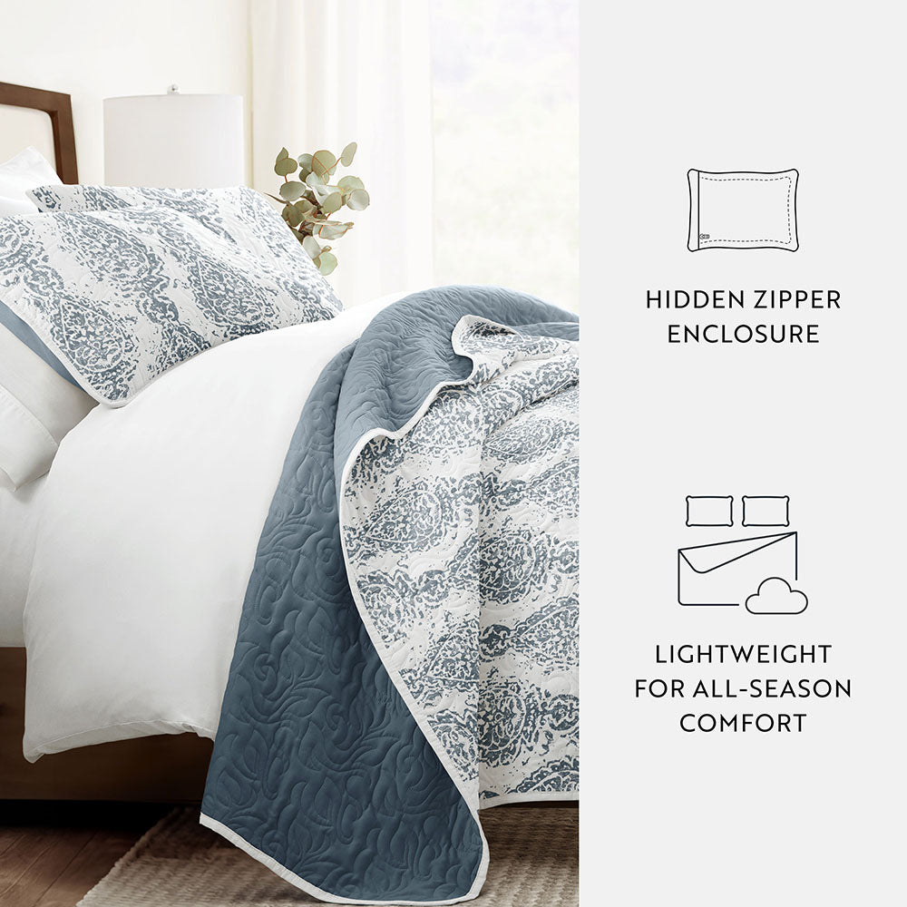 Quilted Coverlet Set, Distressed Damask Reversible for Guest Bedrooms, Layered Beds and Everyday Bedding, 3 Sizes and 2 Colors image 11