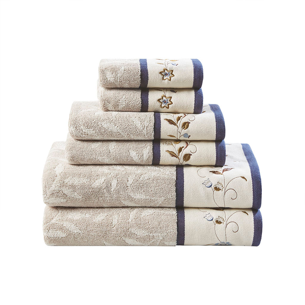 Bath Linen, Serene Embroidered Cotton Jacquard 6 Piece, Machine-Washable Care for Home Bathrooms and Everyday Care, 5 Color Options image 11
