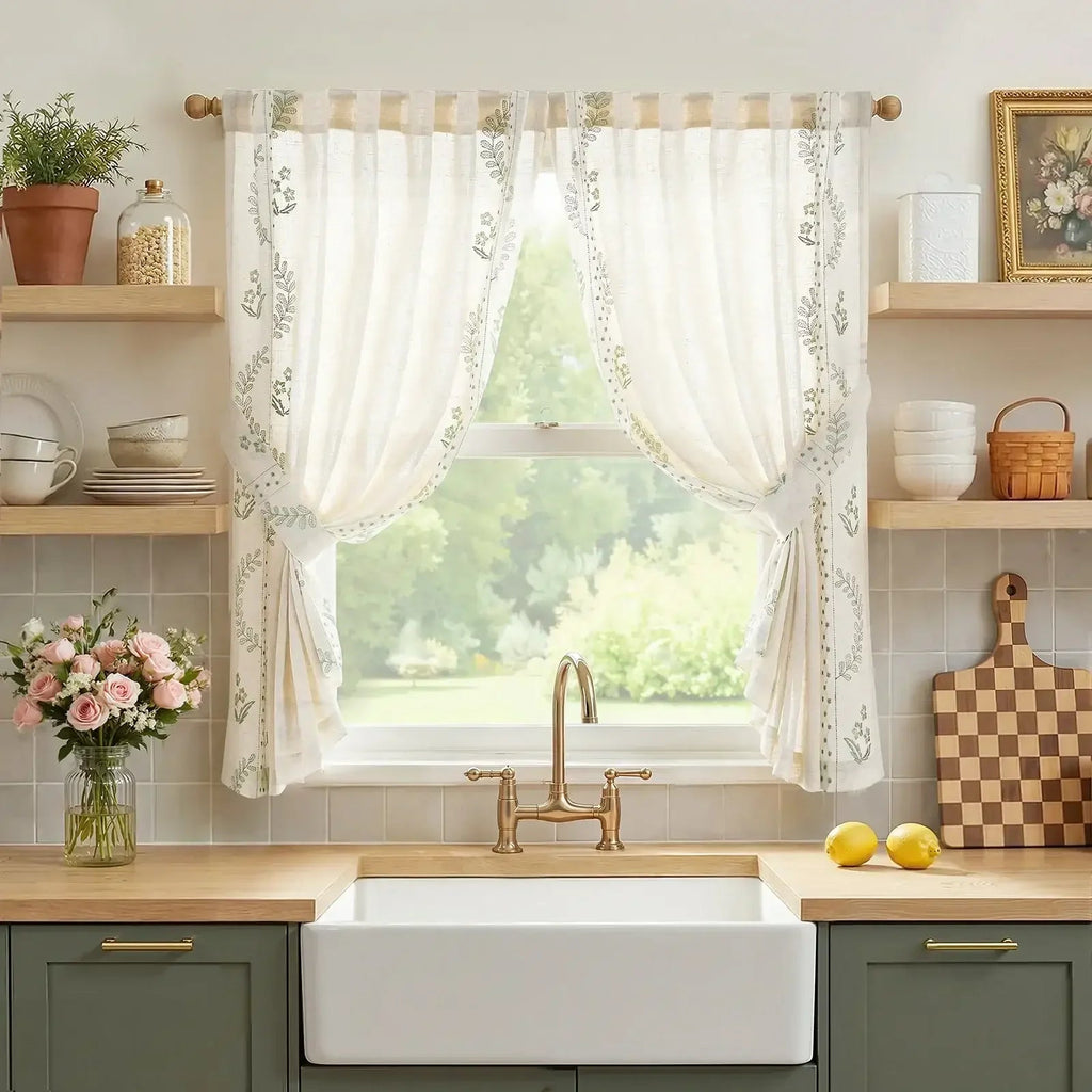 Window Curtain, Vintage Wavy Floral Embroidery Kitchen, Lightweight Design for Windows, Room Styling and Everyday Privacy image 12