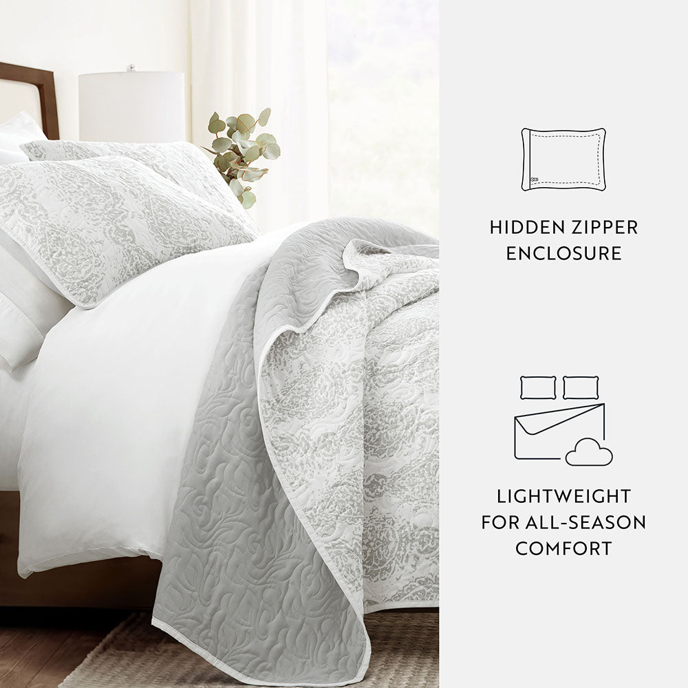 Quilted Coverlet Set, Distressed Damask Reversible for Guest Bedrooms, Layered Beds and Everyday Bedding, 3 Sizes and 2 Colors image 12