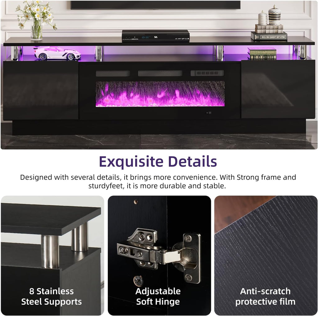 TV Stand, Electric Fireplace with Mirrored Doors, Stainless Steel Construction for Television Displays, Consoles and Organized Living Spaces image 12