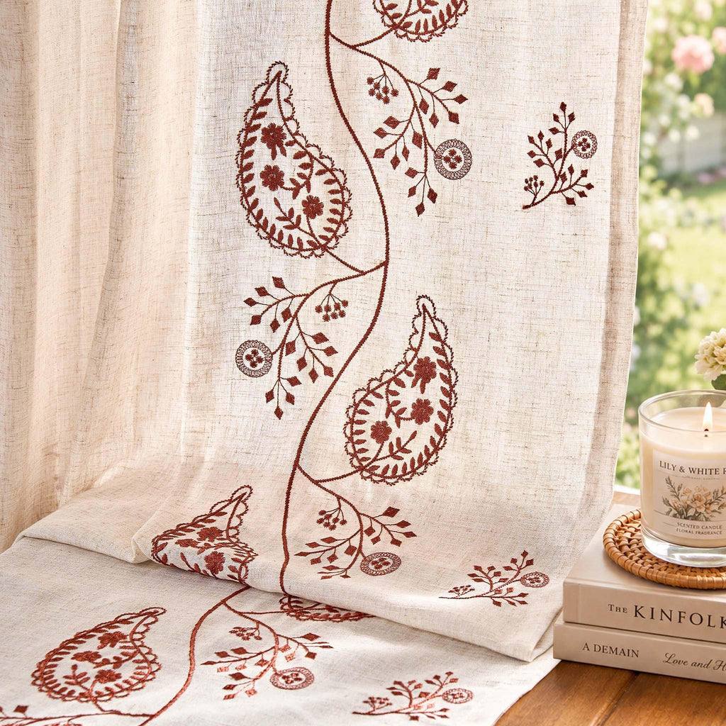 Window Curtain, Embroidered Floral Paisley Vine Linen Blend for Windows, Room Styling and Everyday Privacy, 3 Sizes and 4 Colors image 13