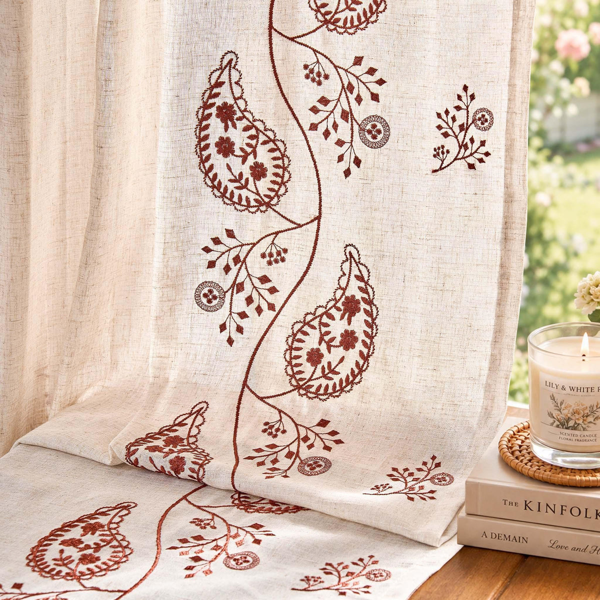Window Curtain, Embroidered Floral Paisley Vine Linen Blend for Windows, Room Styling and Everyday Privacy, 3 Sizes and 4 Colors image 13