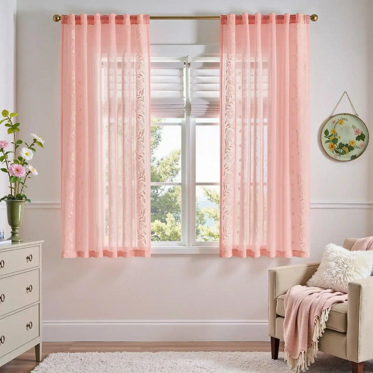 Window Curtain, Boho Sheer Bordered Floral Embroidered for Bedrooms, Living Rooms and Home Privacy, 3 Sizes and 4 Colors image 13