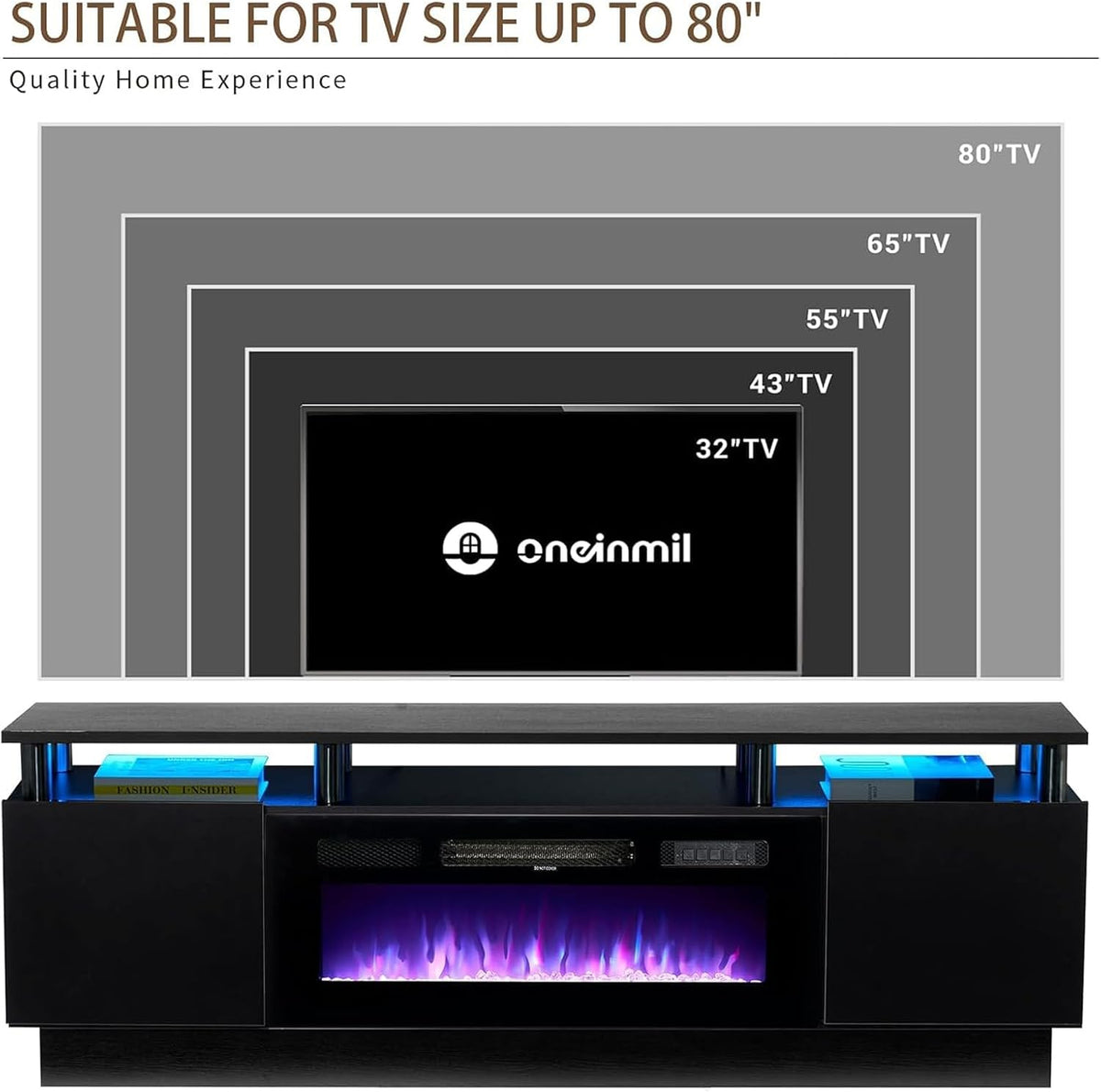TV Stand, Electric Fireplace with Mirrored Doors, Stainless Steel Construction for Television Displays, Consoles and Organized Living Spaces image 13