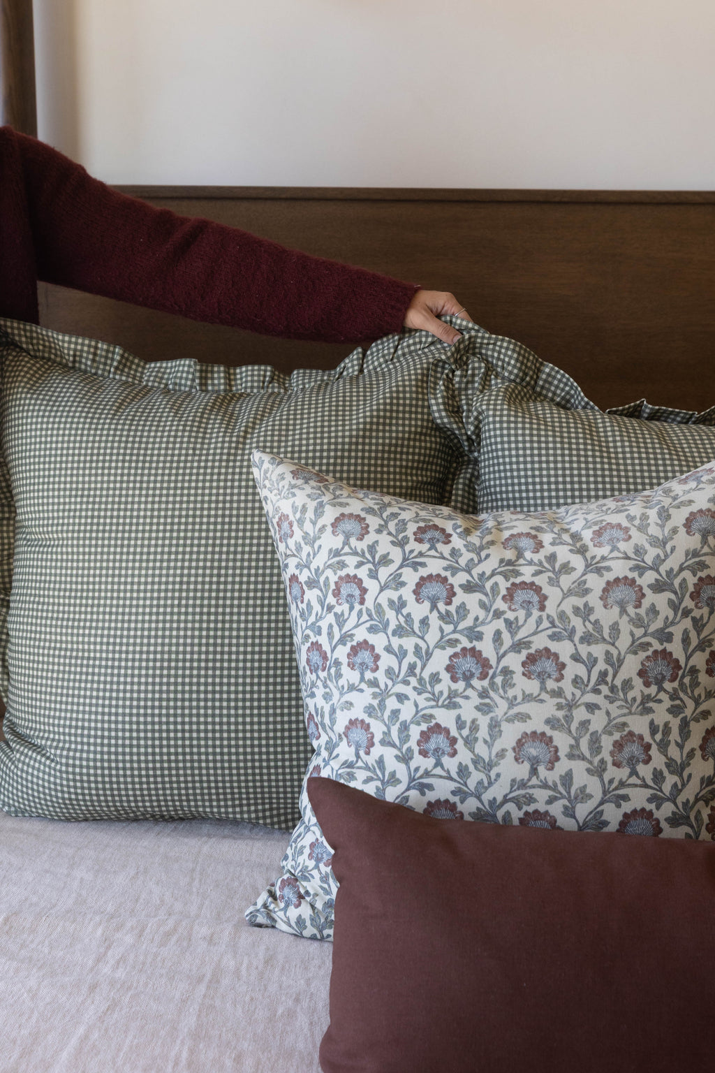 Decorative Pillow Cover Set, Green Mini Gingham Ruffle 18" 22" 26", Machine-Washable Care for Bedroom Styling and Living Room Decor image 13