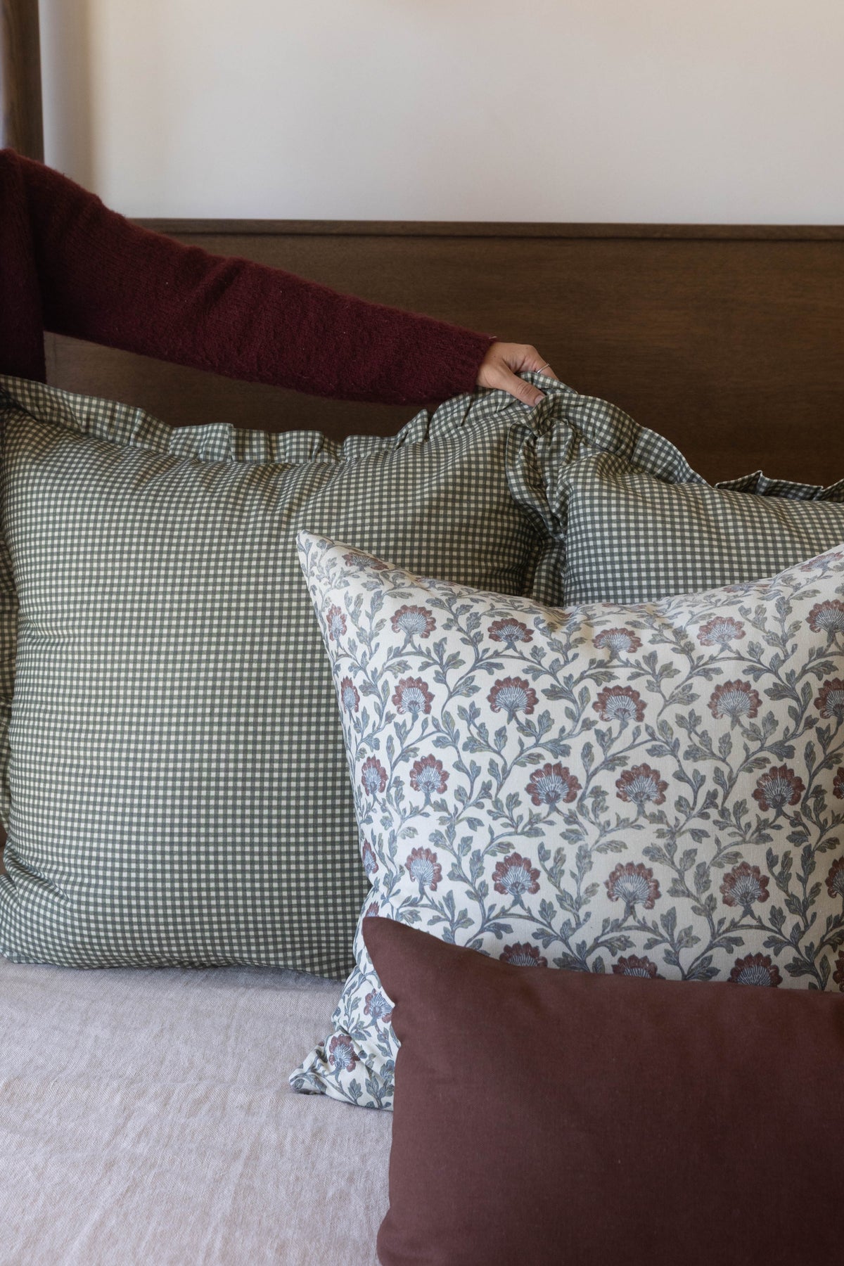 Decorative Pillow Cover Set, Green Mini Gingham Ruffle 18" 22" 26", Machine-Washable Care for Bedroom Styling and Living Room Decor image 13