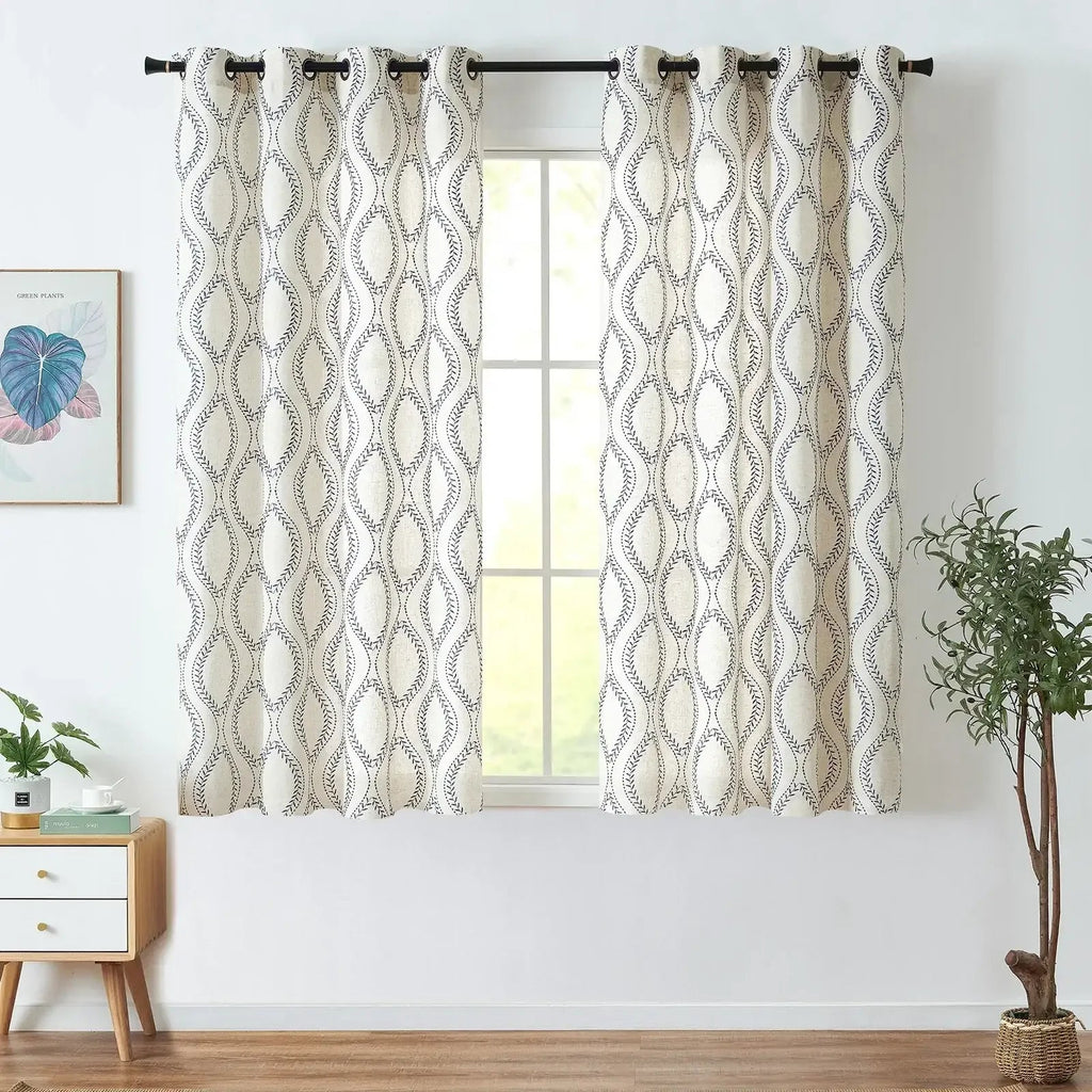 Window Curtain, Boho Leaf Embroidered Geometric Curtains (2, Machine-Washable Care for Bedrooms, Living Rooms and Home Privacy image 14