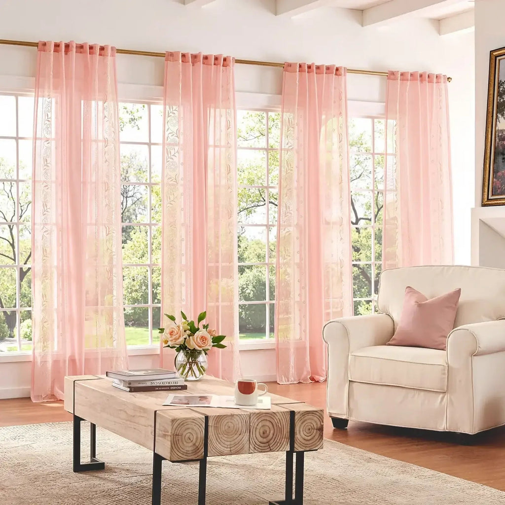 Window Curtain, Boho Sheer Bordered Floral Embroidered for Bedrooms, Living Rooms and Home Privacy, 3 Sizes and 4 Colors image 15