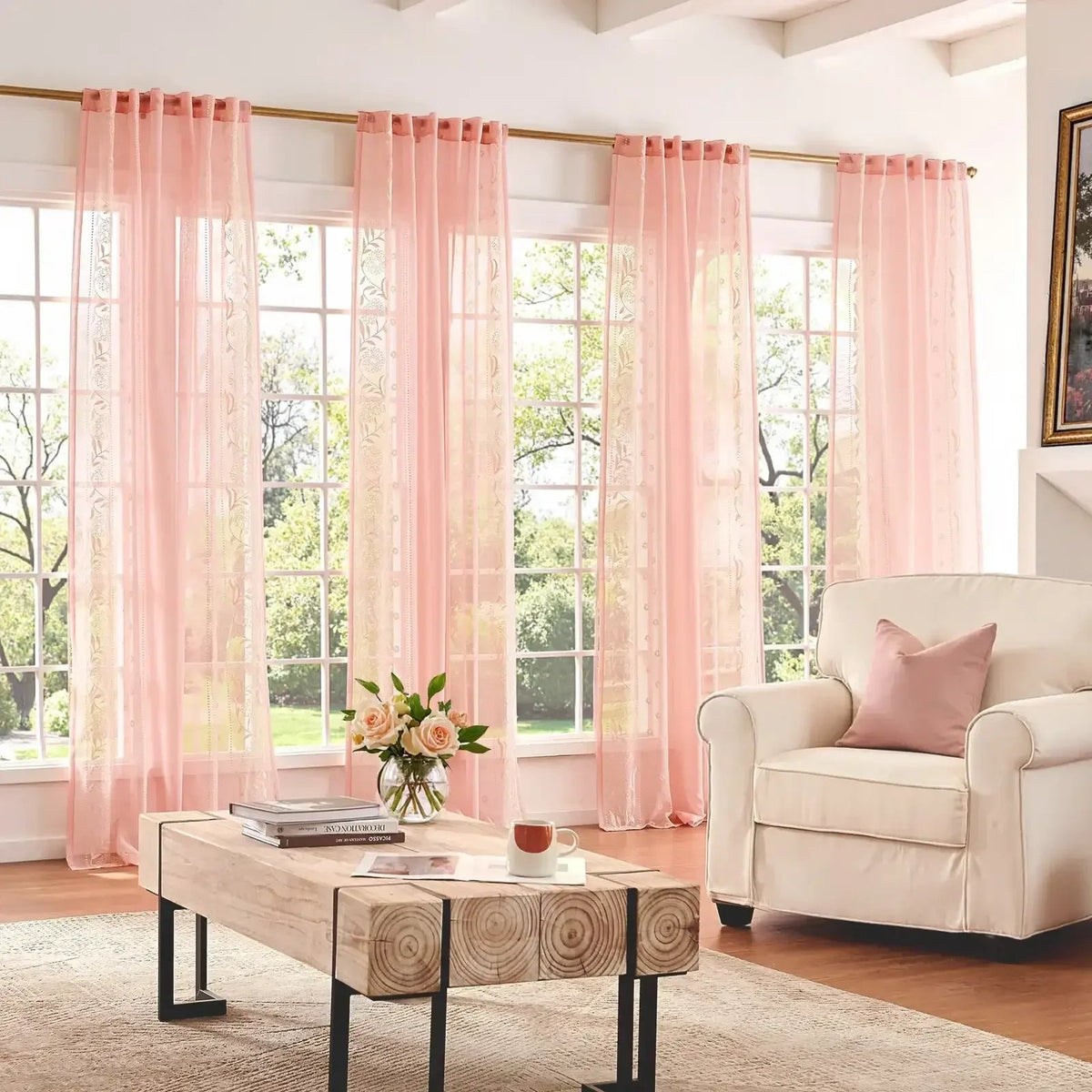 Window Curtain, Boho Sheer Bordered Floral Embroidered for Bedrooms, Living Rooms and Home Privacy, 3 Sizes and 4 Colors image 15