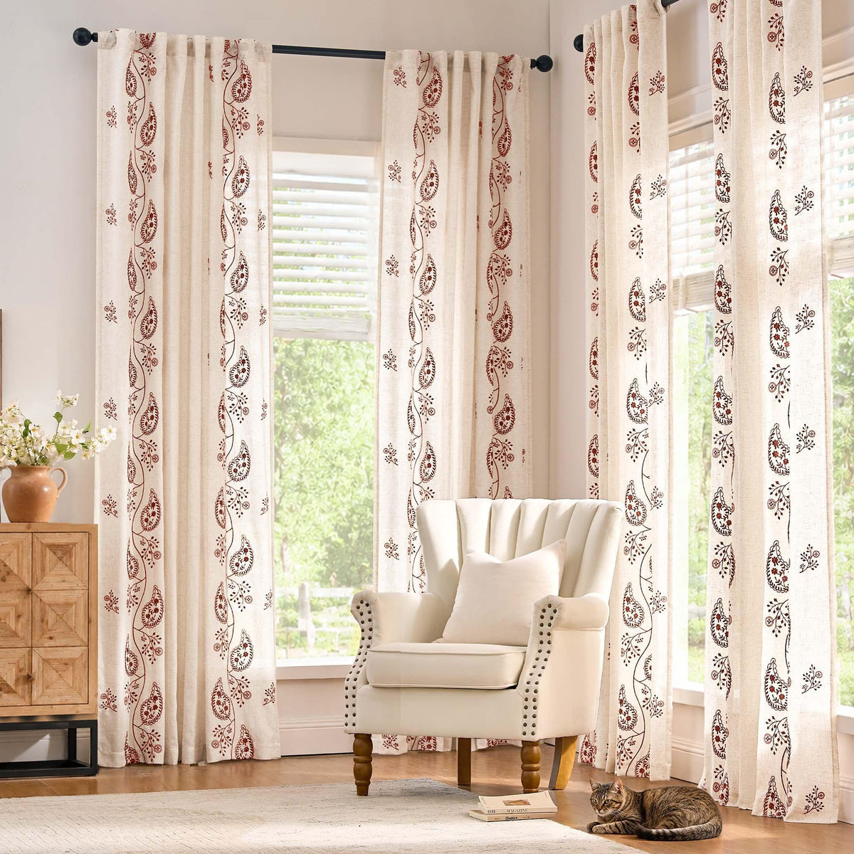 Window Curtain, Embroidered Floral Paisley Vine Linen Blend for Windows, Room Styling and Everyday Privacy, 3 Sizes and 4 Colors image 15