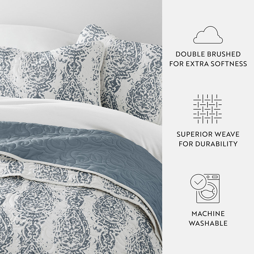 Quilted Coverlet Set, Distressed Damask Reversible for Guest Bedrooms, Layered Beds and Everyday Bedding, 3 Sizes and 2 Colors image 15