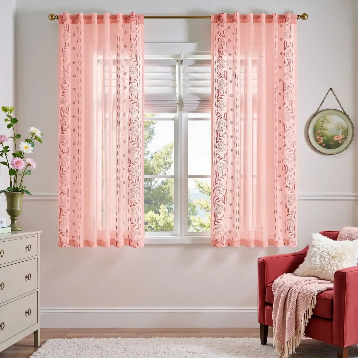 Window Curtain, Boho Sheer Bordered Floral Embroidered for Bedrooms, Living Rooms and Home Privacy, 3 Sizes and 4 Colors image 18