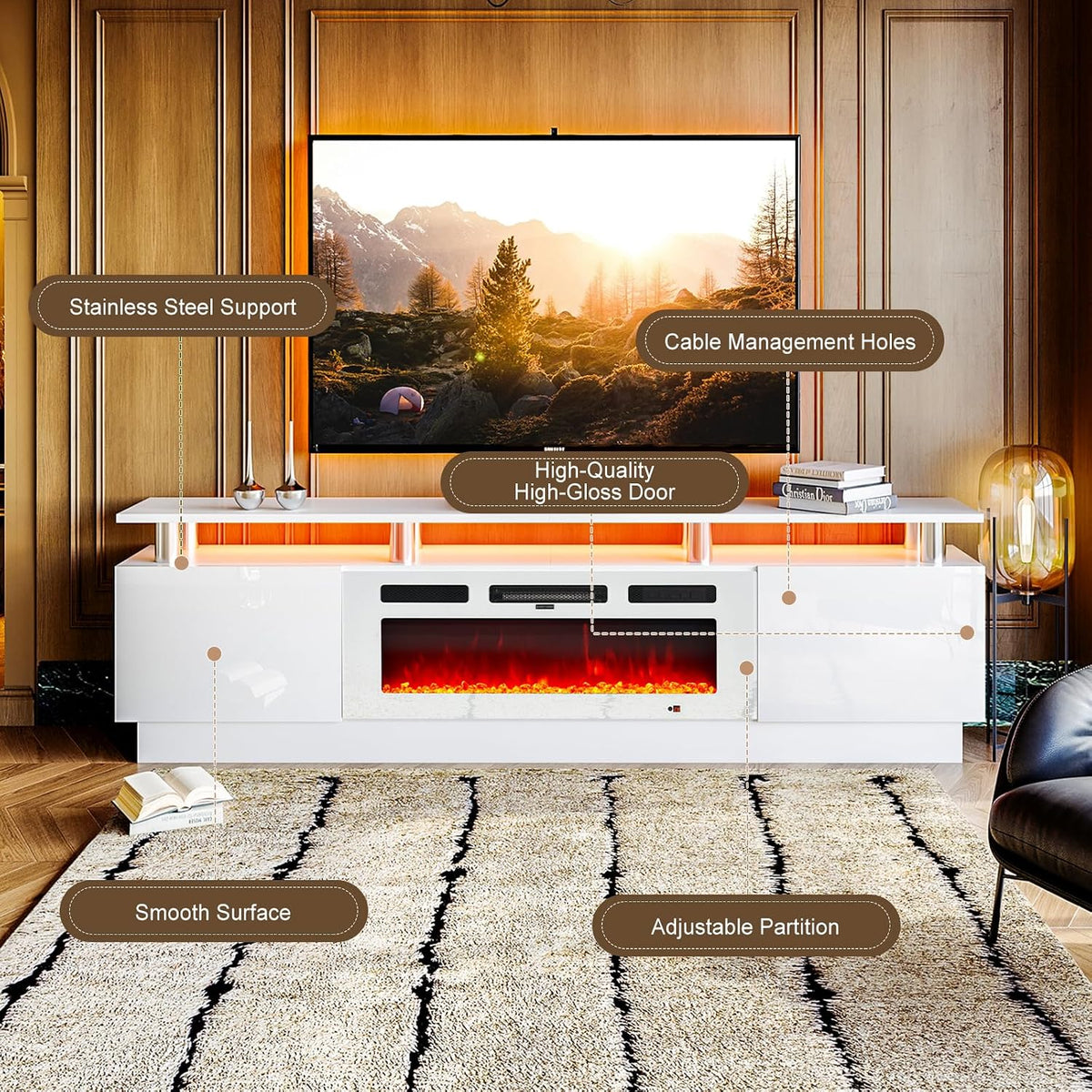 TV Stand, Electric Fireplace with Mirrored Doors, Stainless Steel Construction for Television Displays, Consoles and Organized Living Spaces image 18