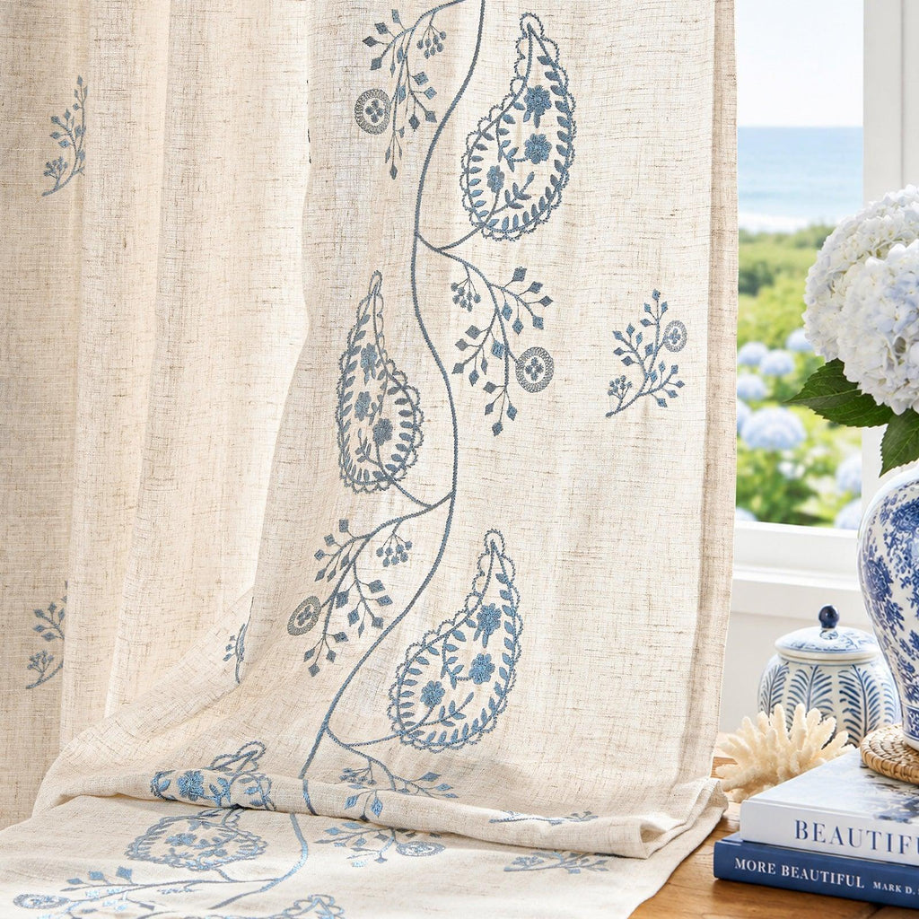Window Curtain, Embroidered Floral Paisley Vine Linen Blend for Windows, Room Styling and Everyday Privacy, 3 Sizes and 4 Colors image 18