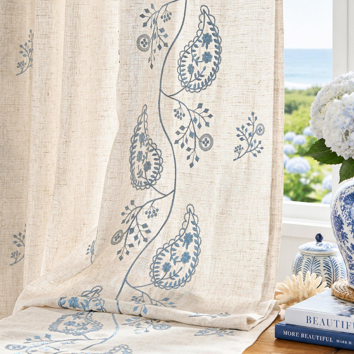 Window Curtain, Embroidered Floral Paisley Vine Linen Blend for Windows, Room Styling and Everyday Privacy, 3 Sizes and 4 Colors image 18