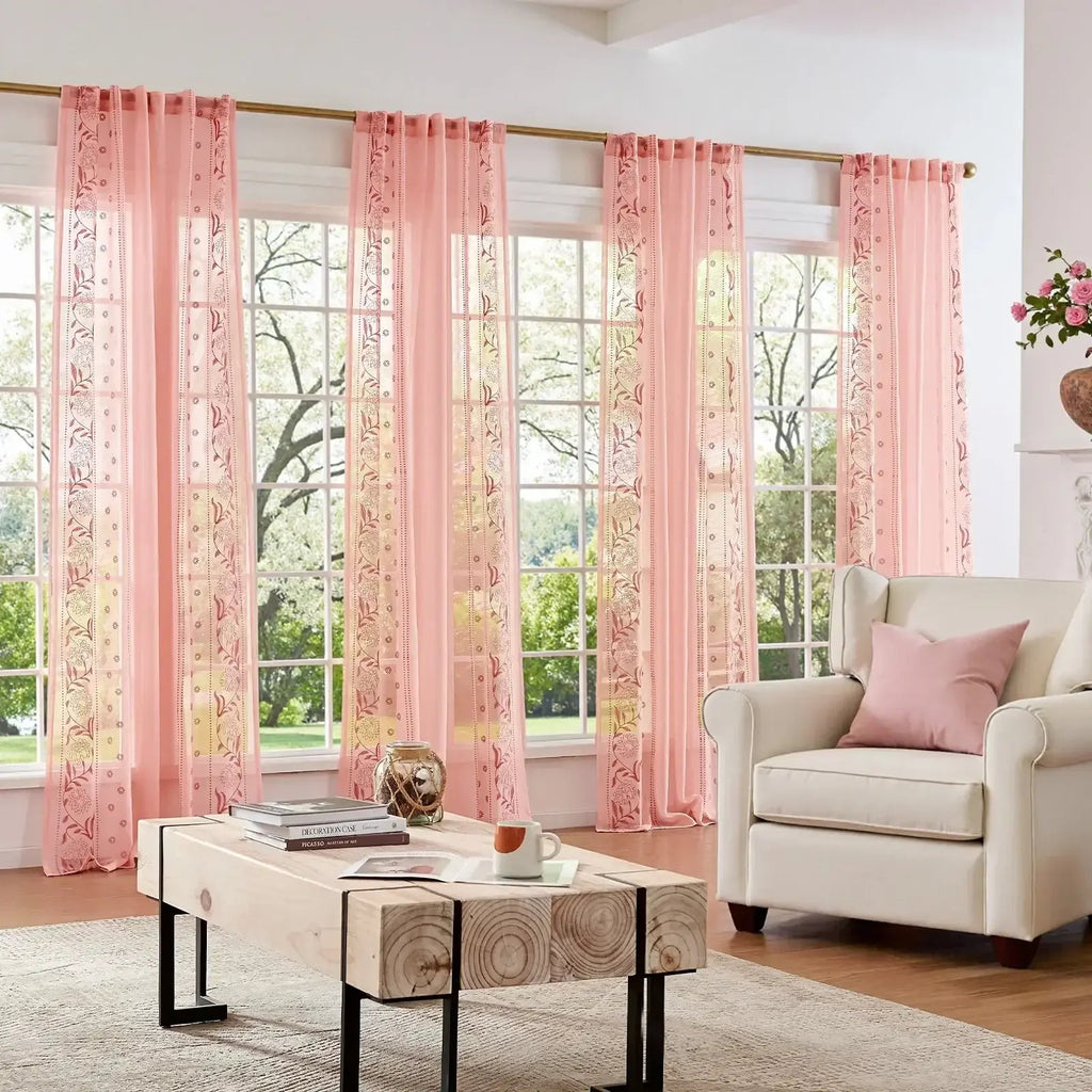 Window Curtain, Boho Sheer Bordered Floral Embroidered for Bedrooms, Living Rooms and Home Privacy, 3 Sizes and 4 Colors image 20