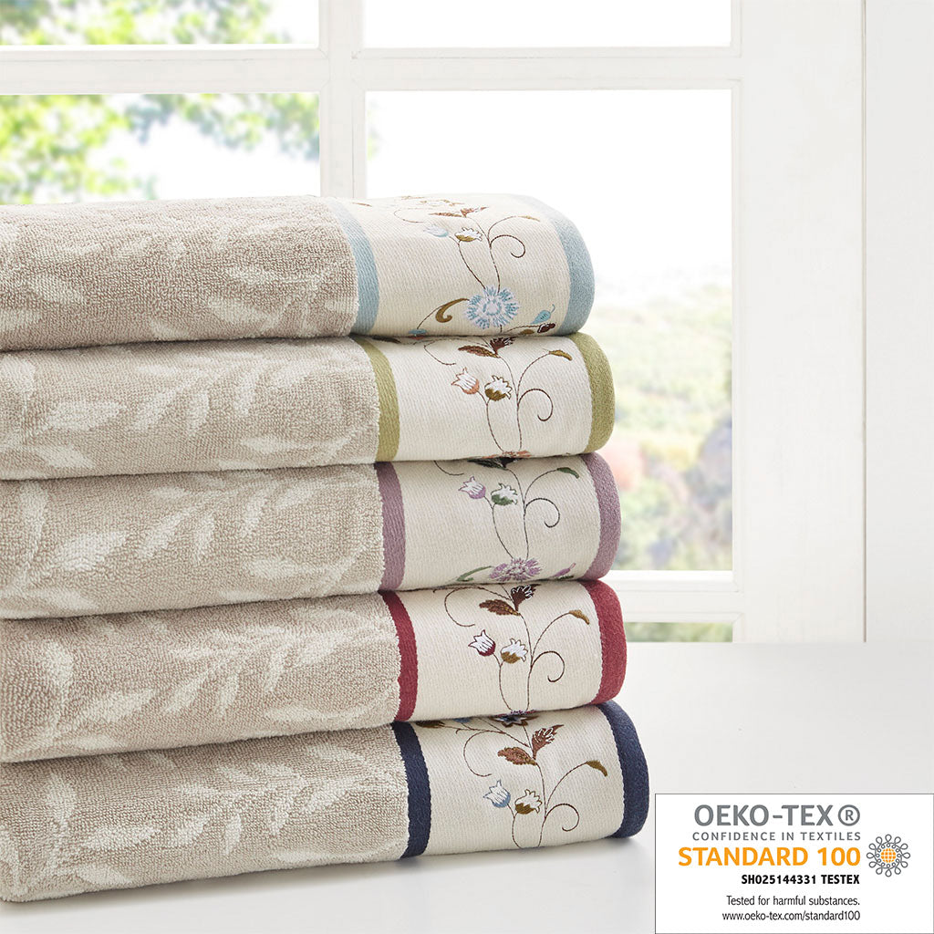 Bath Linen, Serene Embroidered Cotton Jacquard 6 Piece, Machine-Washable Care for Home Bathrooms and Everyday Care, 5 Color Options image 21