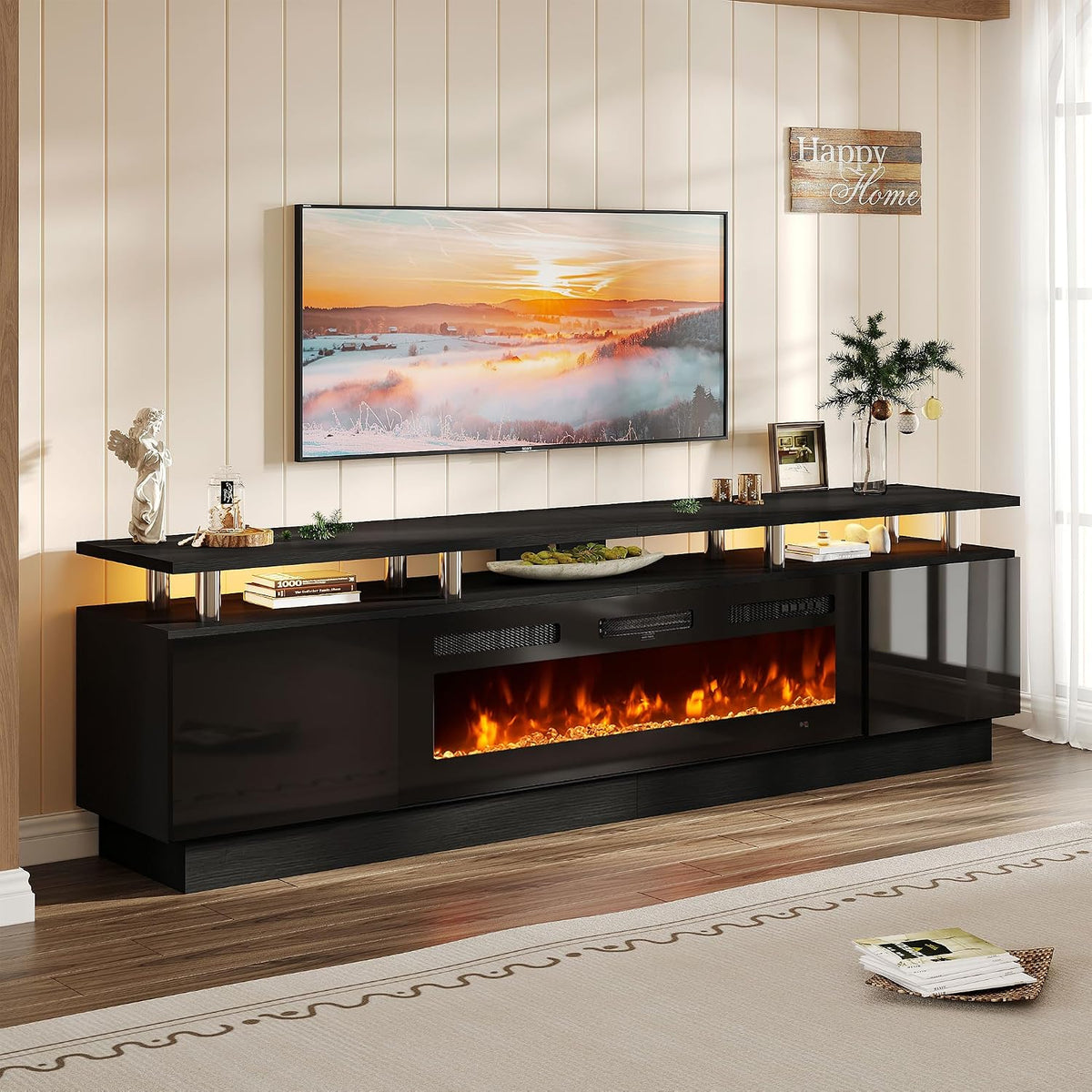 TV Stand, Electric Fireplace with Mirrored Doors, Stainless Steel Construction for Television Displays, Consoles and Organized Living Spaces image 24