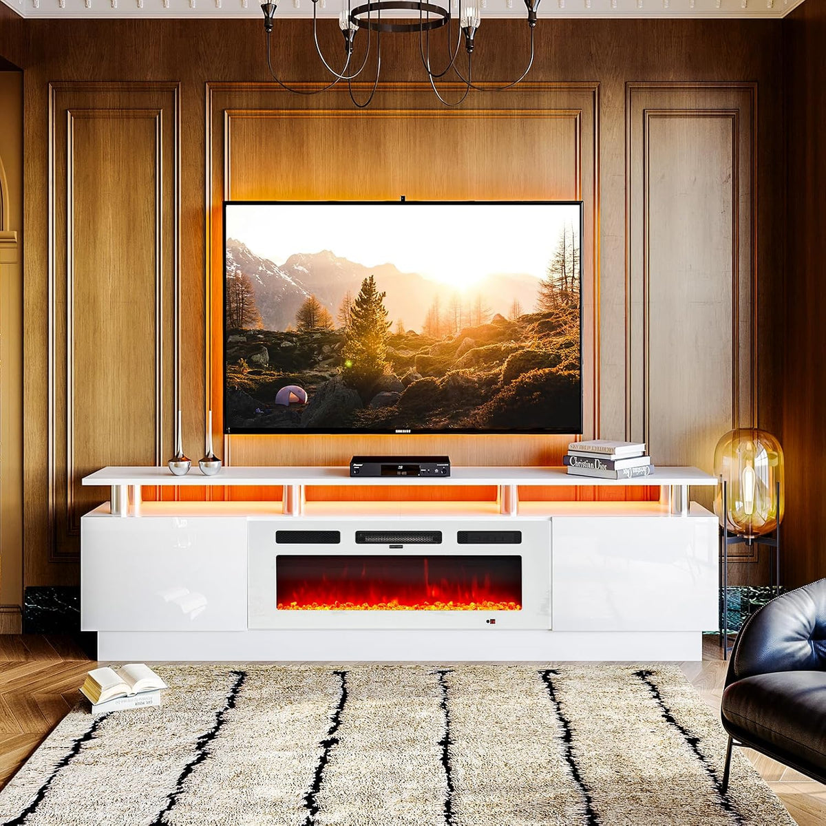 TV Stand, Electric Fireplace with Mirrored Doors, Stainless Steel Construction for Television Displays, Consoles and Organized Living Spaces image 26