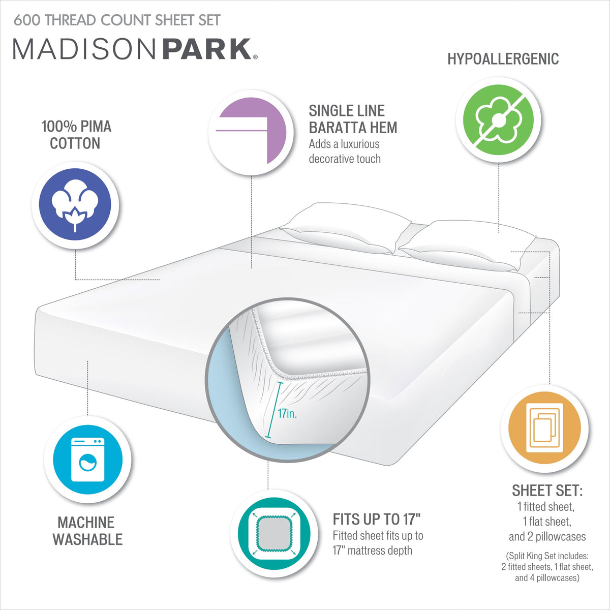 Bed Sheet Set, 600 Thread Count Pima Cotton Pima Cotton, Machine-Washable Care for Everyday Bedroom Comfort and Guest Rooms image 57