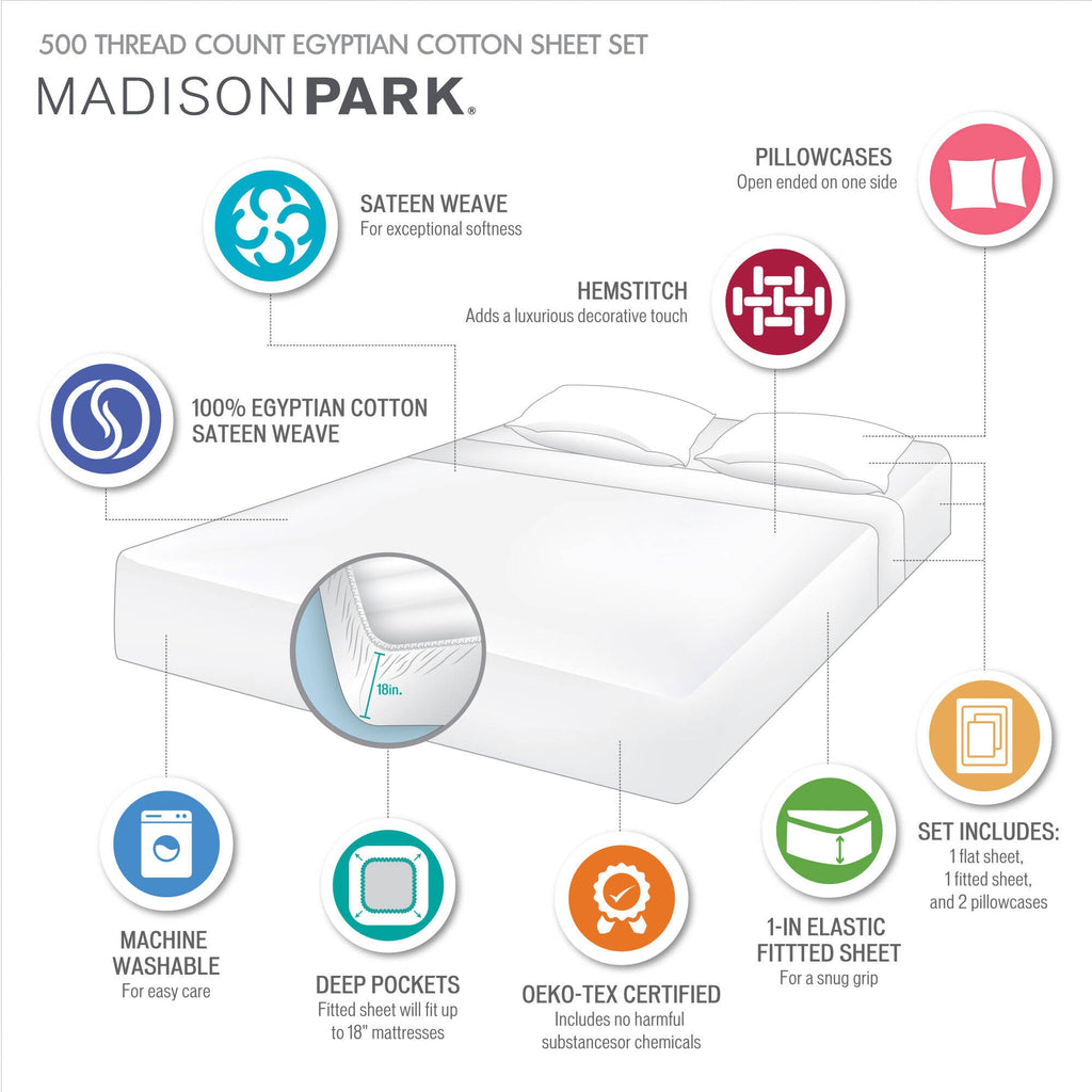 Bed Sheet Set, 500 Thread Count Egyptian Cotton Deep Pocket, Machine-Washable Care for Everyday Bedroom Comfort and Guest Rooms image 64