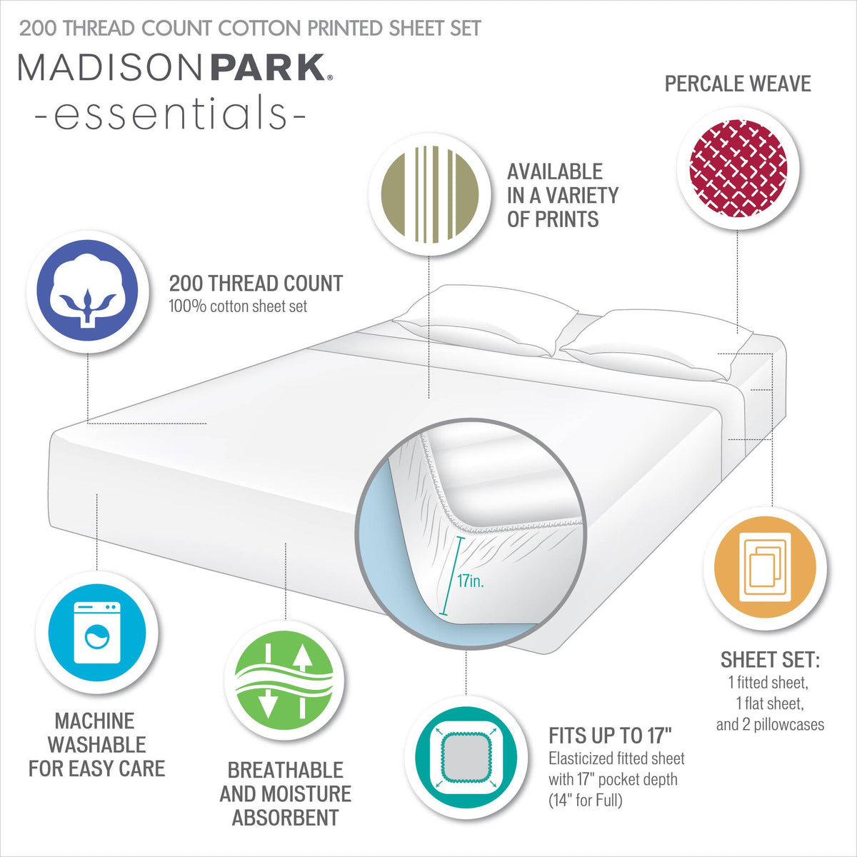 Bed Sheet Set, 200 Thread Count Printed Cotton, Breathable Construction, Machine-Washable Care for Master Bedrooms, Guest Beds and Daily Use image 81