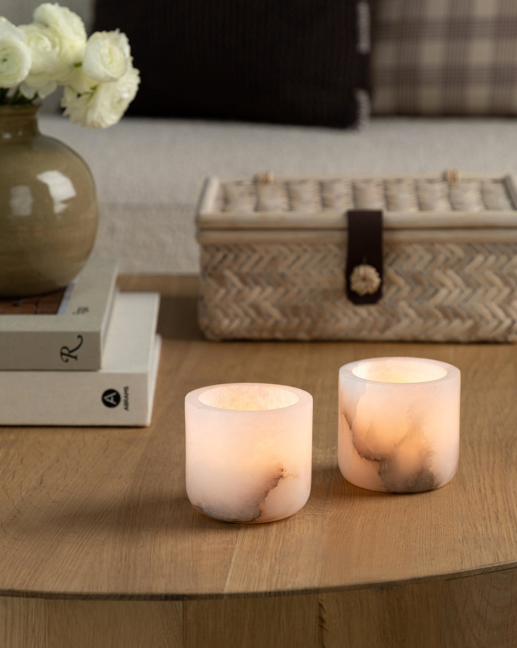 Tealight Candle Holder, White Alabaster with Beige Marbling and Soft Edges for Decorative Tabletop Candle Displays image 1