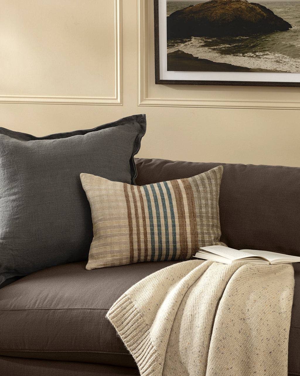 Decorative Pillow Cover, Handwoven Natural Materials with Cream, Brown and Blue Stripes for Layered Home Textile Decor image 2