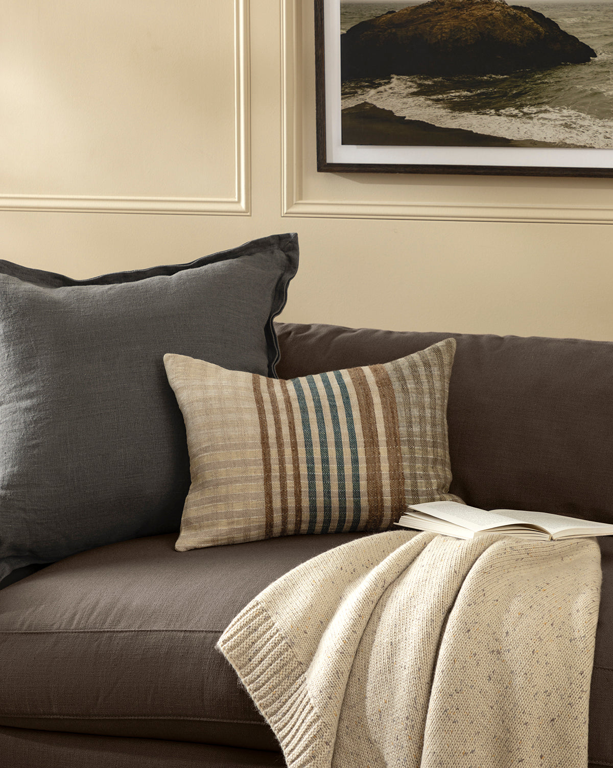 Decorative Pillow Cover, Handwoven Natural Materials with Cream, Brown and Blue Stripes for Layered Home Textile Decor image 2