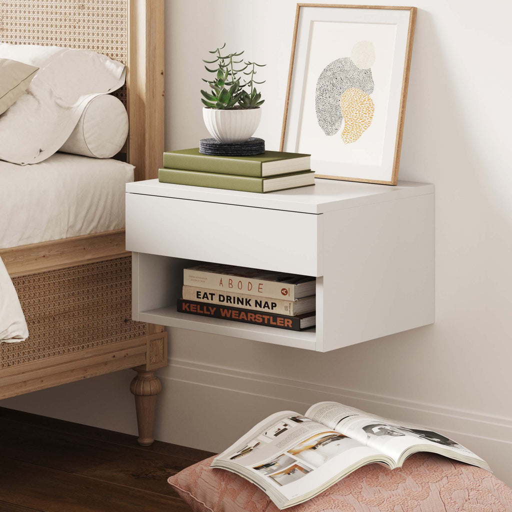 Nightstand, Mid Century Floating Drawer White for Bedside Storage, Bedroom Organization and Guest Rooms image 1