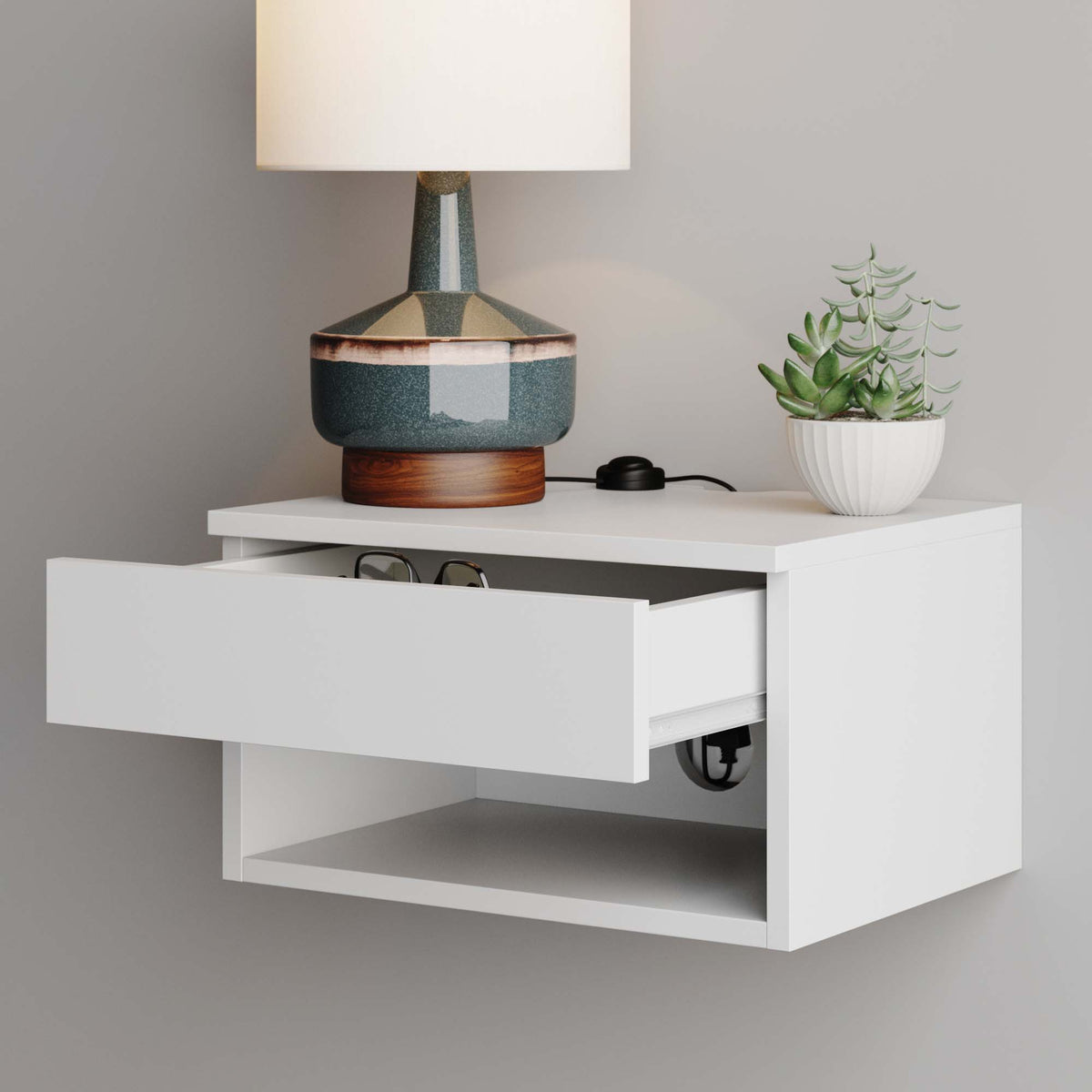 Nightstand, Mid Century Floating Drawer White for Bedside Storage, Bedroom Organization and Guest Rooms image 7