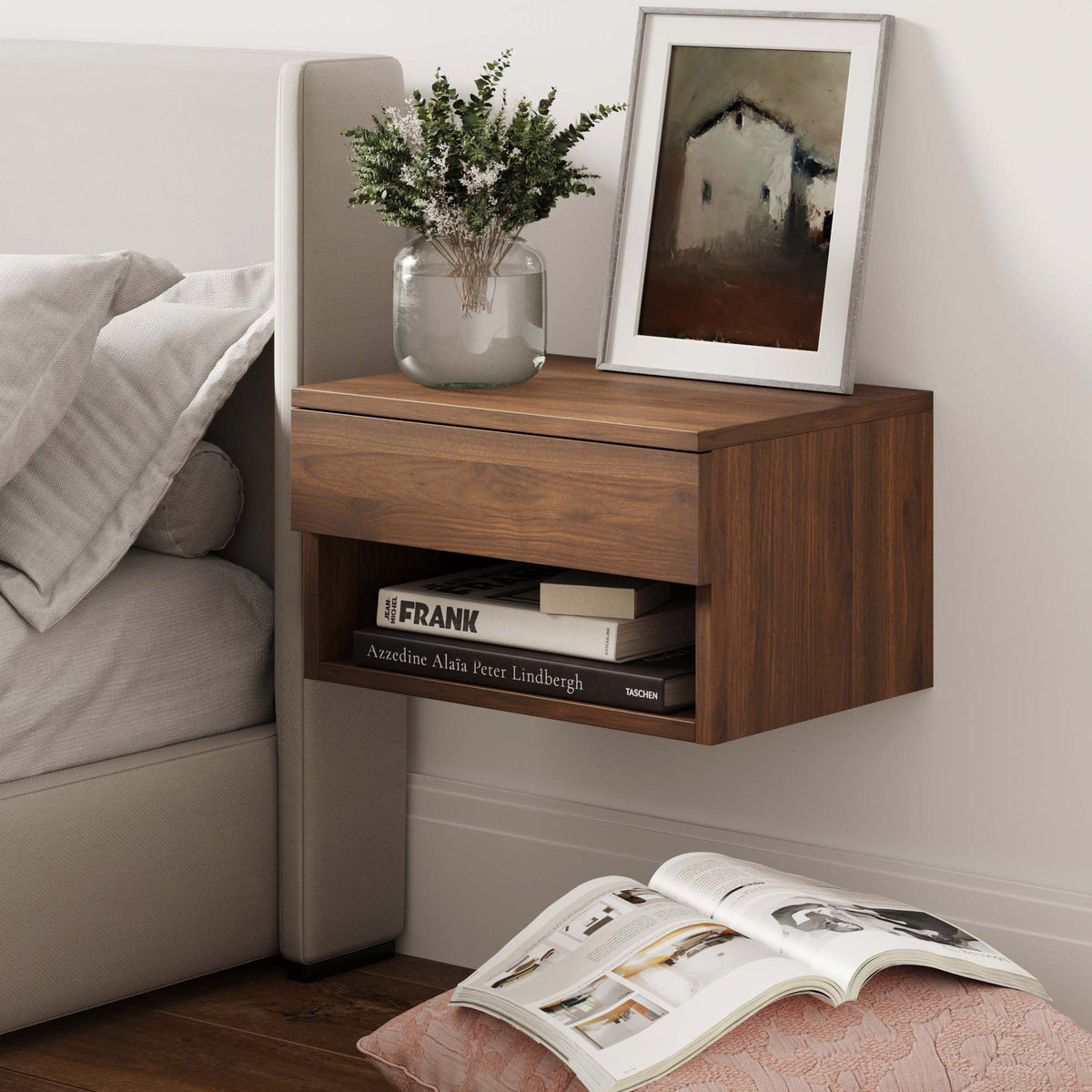 Nightstand, Mid Century Floating Drawer White for Bedside Storage, Bedroom Organization and Guest Rooms image 2