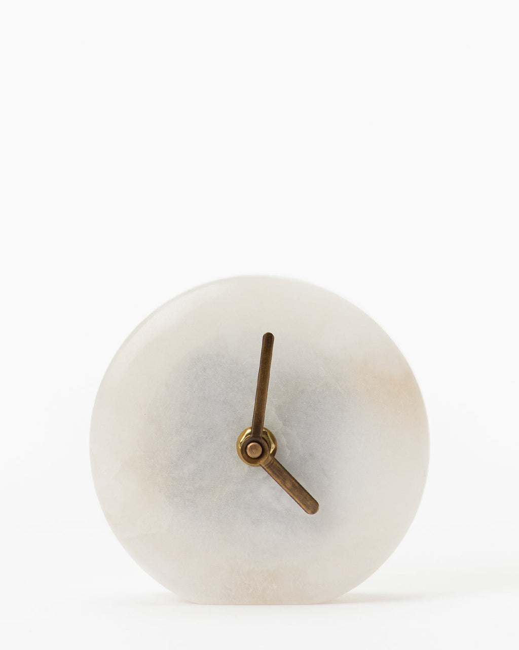 Table Clock, Round Solid Alabaster with Brass-Finish Stainless Steel Hands for Decorative Tabletop Time Display image 2