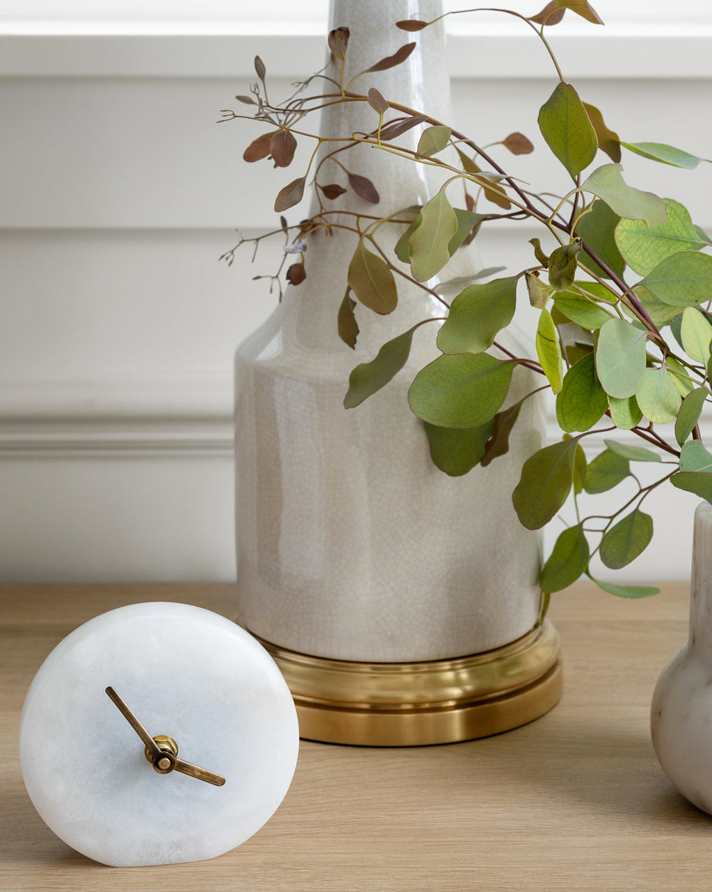Table Clock, Round Solid Alabaster with Brass-Finish Stainless Steel Hands for Decorative Tabletop Time Display image 1