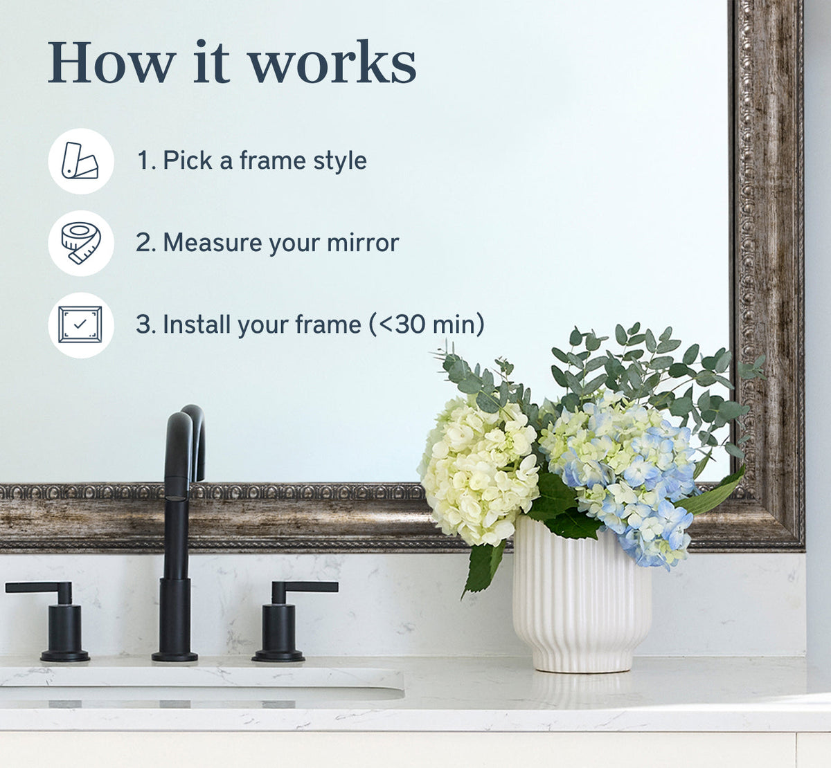 Mirror Frame Kit, Grandezza Aged Silver for Bathroom Vanity Mirrors and Home Mirror Framing, 12 Size Options image 2
