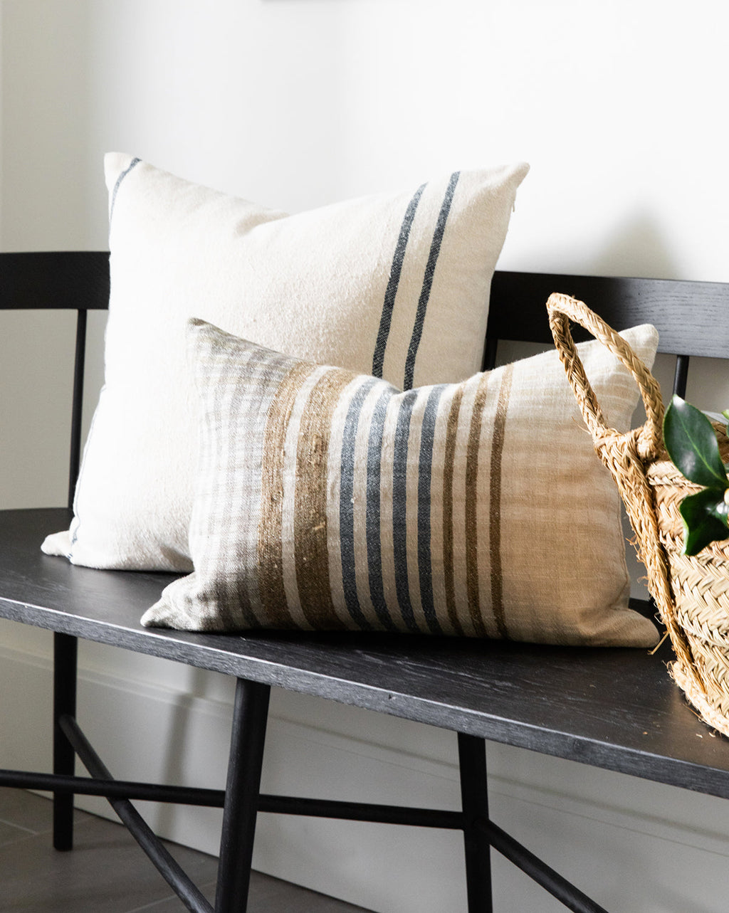 Decorative Pillow Cover, Handwoven Natural Materials with Cream, Brown and Blue Stripes for Layered Home Textile Decor image 3