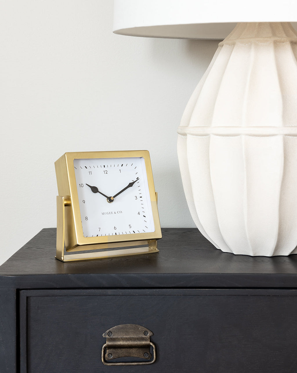 Table Clock, Small Gold-Hue Design with Traditional Clock Arms and Swing Arms for Bedside Nightstand Time Display image 1