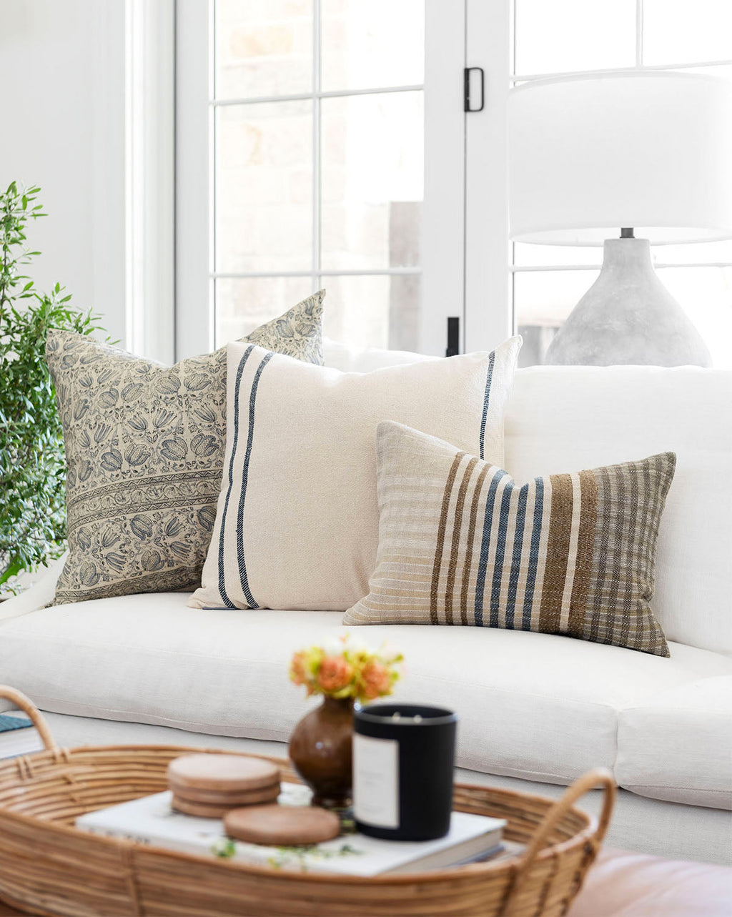 Decorative Pillow Cover, Handwoven Natural Materials with Cream, Brown and Blue Stripes for Layered Home Textile Decor image 5