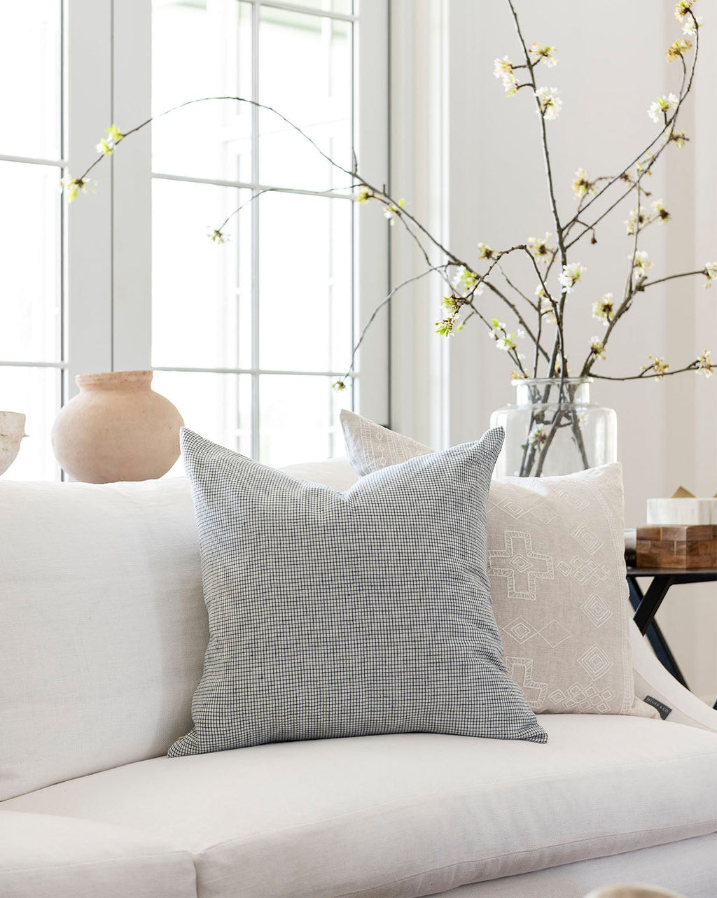 Decorative Pillow Cover, Blue and Cream with a Small Grid Pattern for Sofa and Bed Accents, Layered Textile Decor image 1