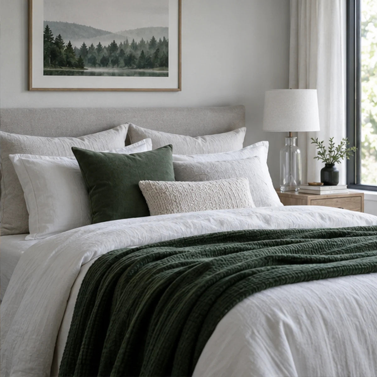 Layered bedding in a calm modern bedroom
