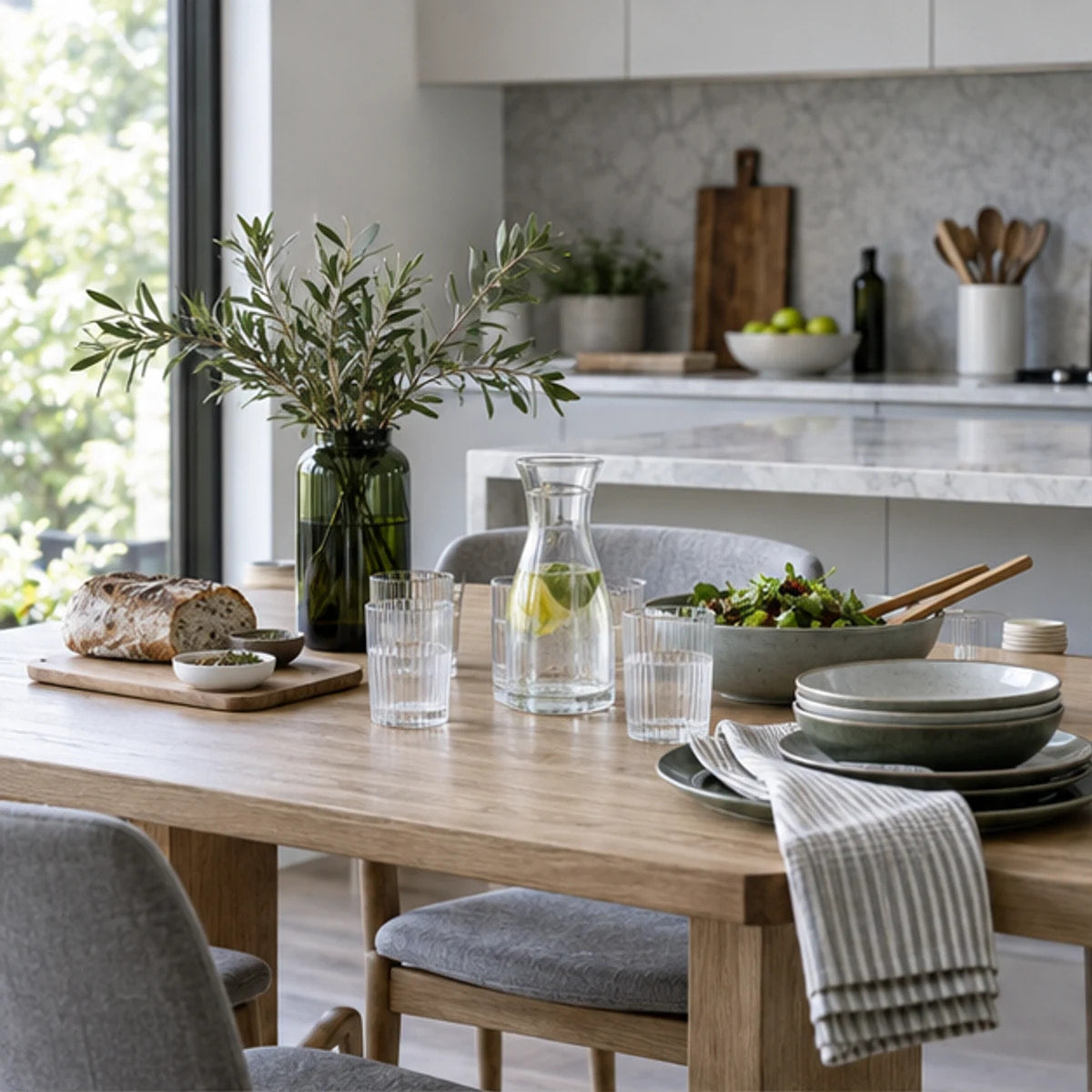 A modern kitchen and dining table with glassware and tableware