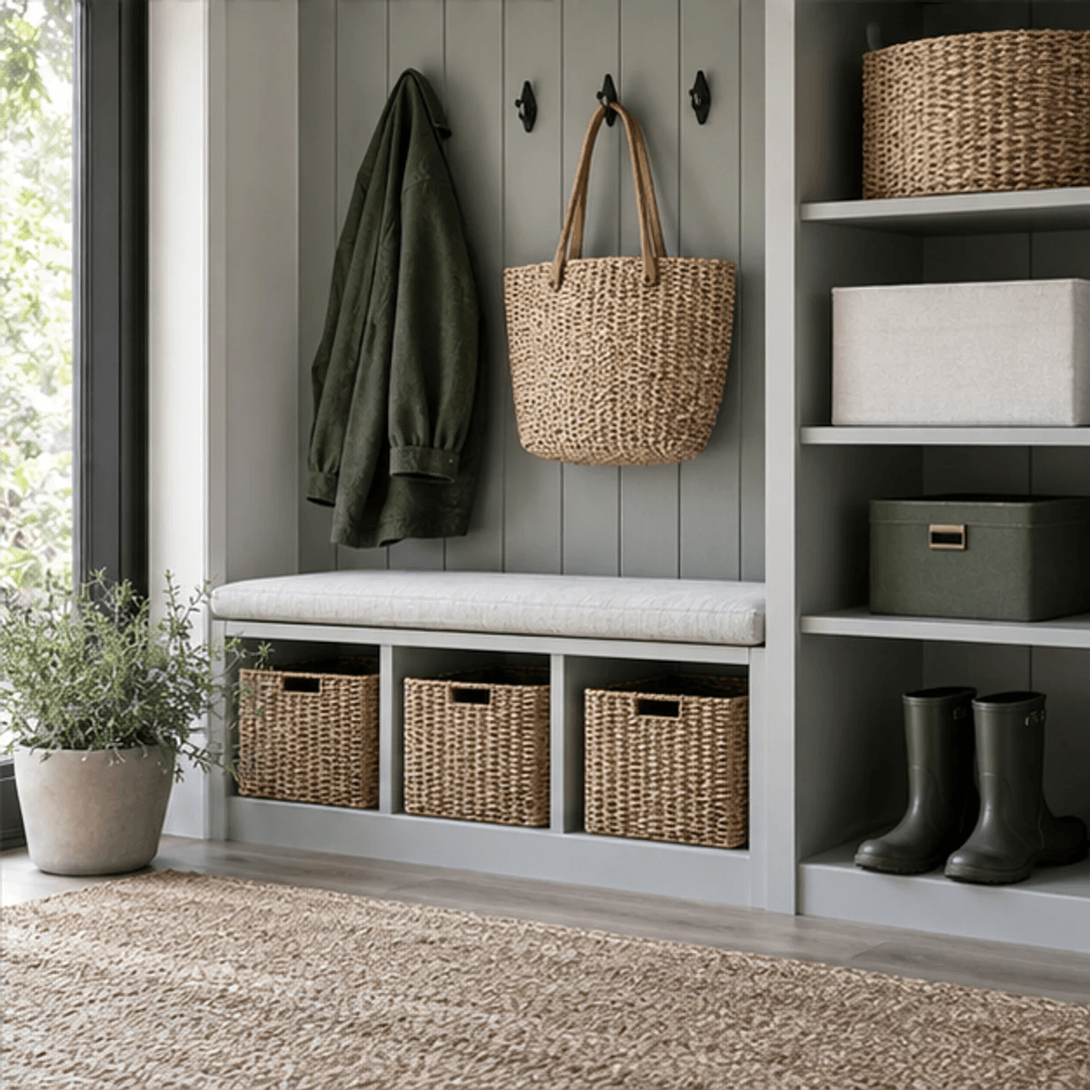 An organized entryway with baskets, shelves and storage